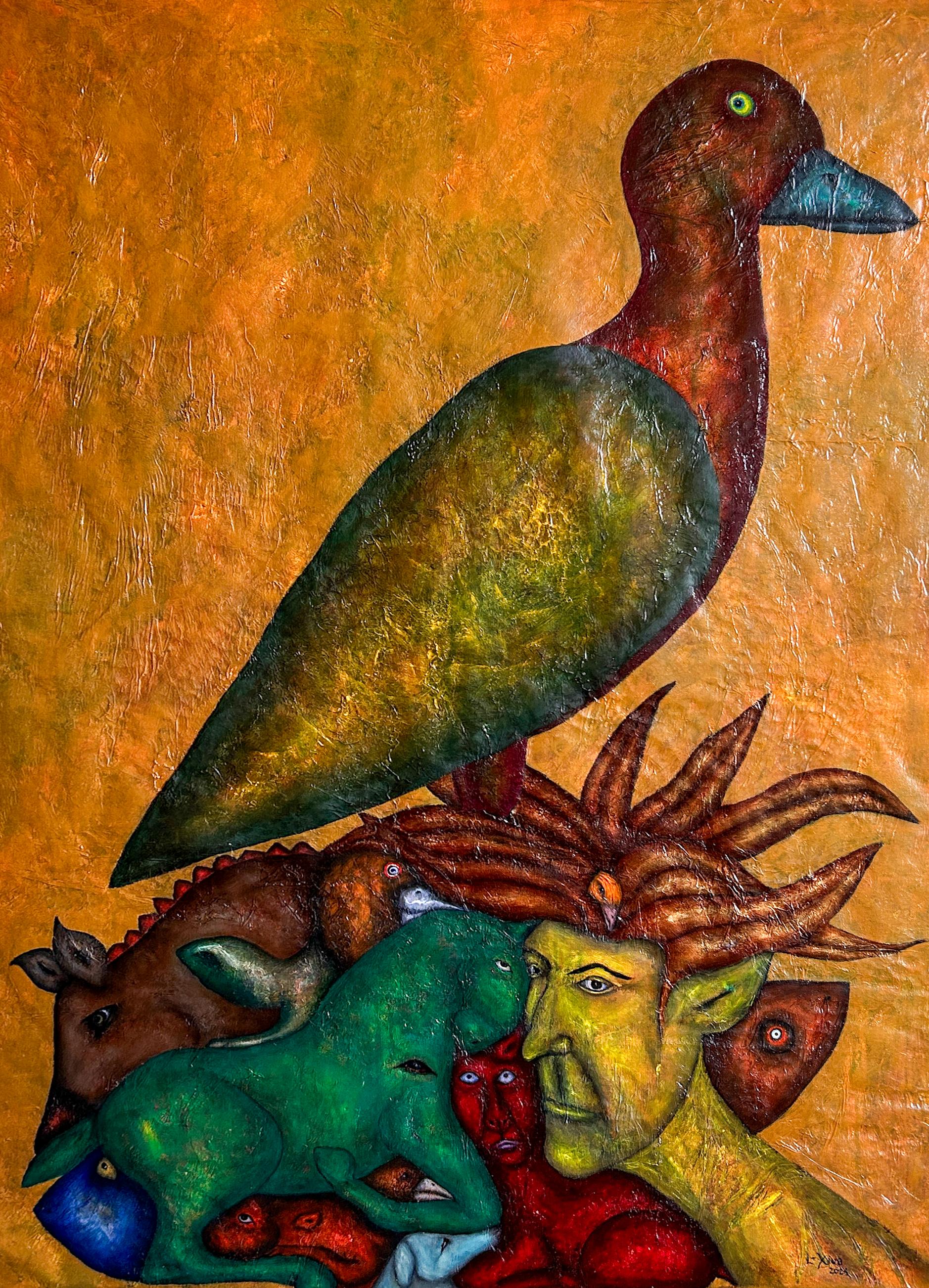 Luis Alexander Rodríguez (Ie-Xiua) Figurative Painting - Contemporary Oil Painting Of A Fantastic Bird. "The Bird" 2024