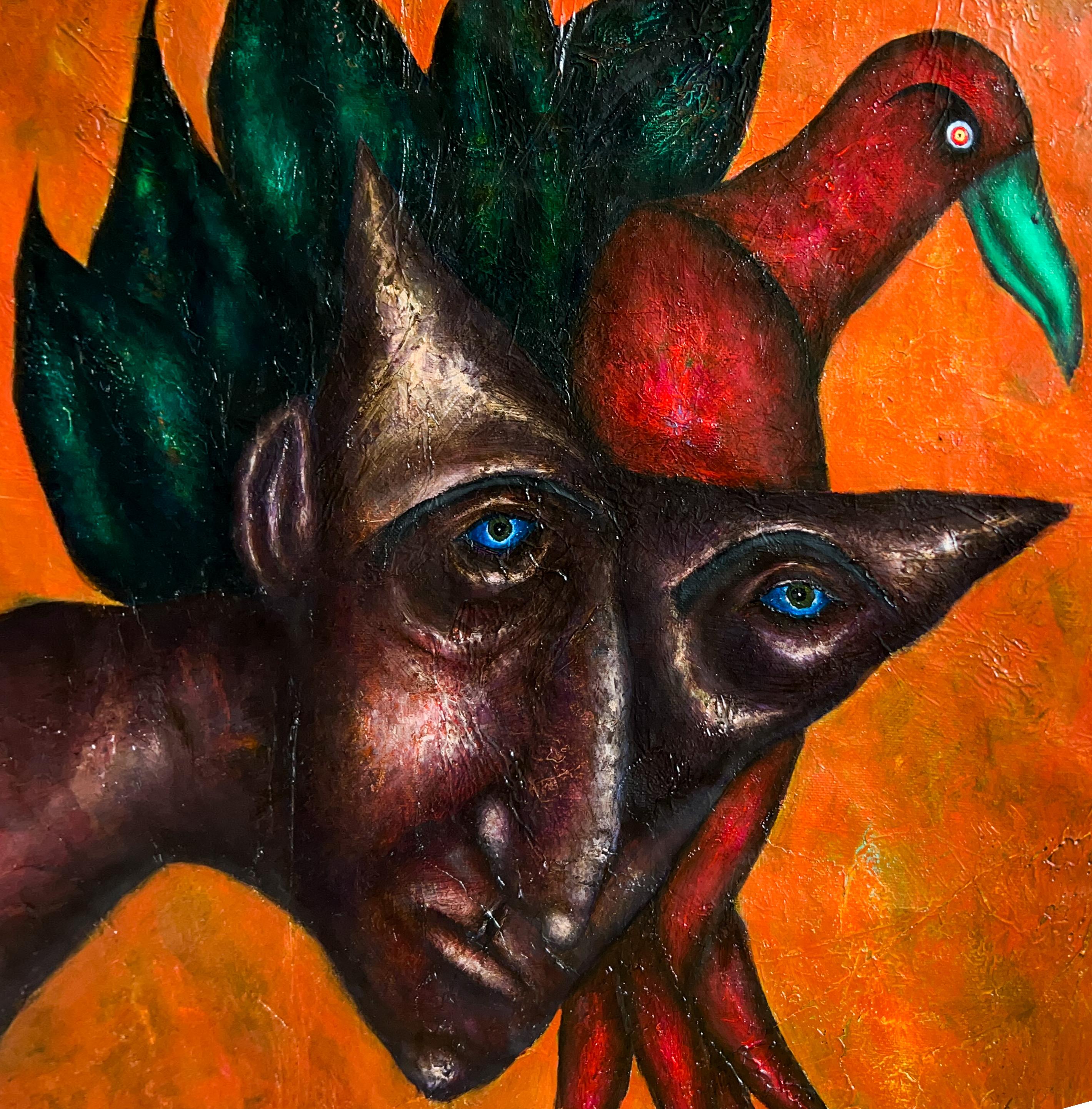 Dipinto figurativo a olio su tela con una figura fantastica, accompagnata da foglie e un uccello, su uno sfondo ocra con una forma geometrica in foglia d'oro. Quest'opera fa parte di una serie dedicata a esseri fantastici che osservano la nostra
