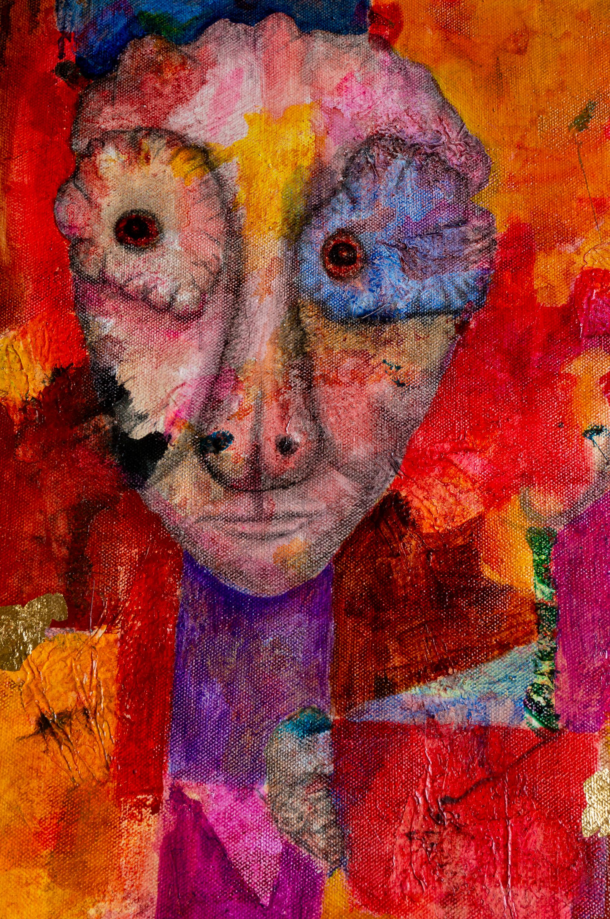 In diesem Gemälde wird der Betrachter eingeladen, ein Mosaik aus Farben und rätselhaften Figuren zu erkunden. Das mit Mischtechniken und hochwertigen Farben ausgeführte Kunstwerk zeigt ein visuelles Ensemble aus Rot-, Orange-, Violett- und