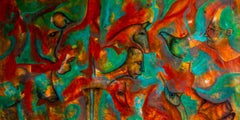 Heute – Abstraktes Gemälde in Grün- und Ockertönen mit Texturen