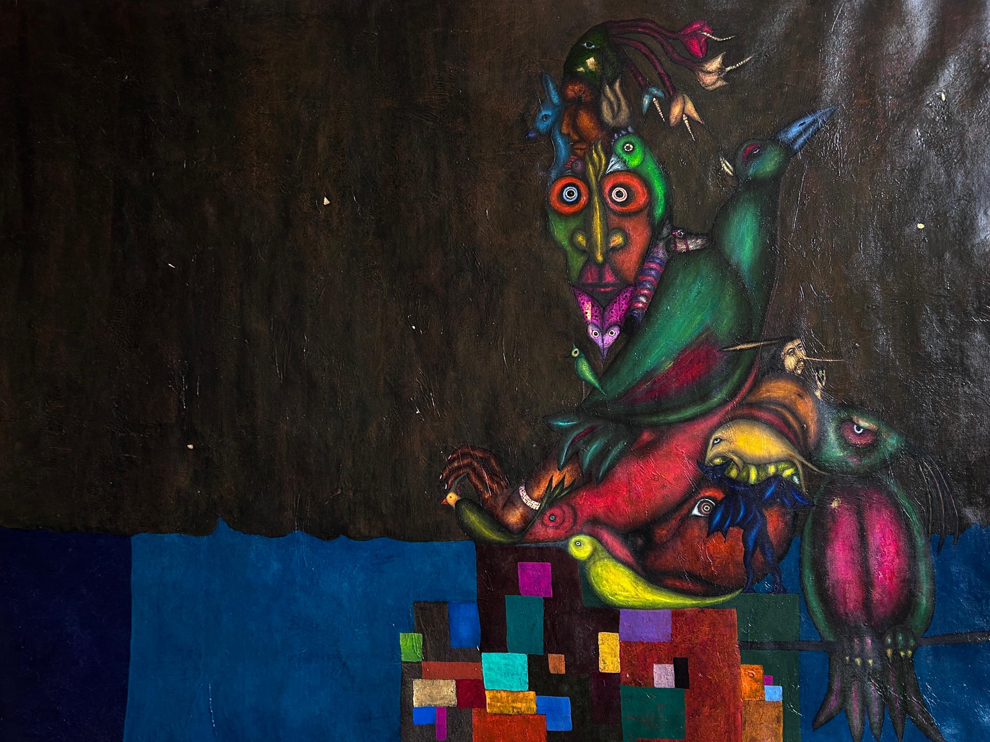 Luis Alexander Rodríguez (Ie-Xiua) Figurative Painting – Turquoise Kairos Oil Painting on Canvas, Large Format, 98x155 cm