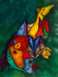 FIGURATIVE painting with magical animals and people “we are one”, textured mixed