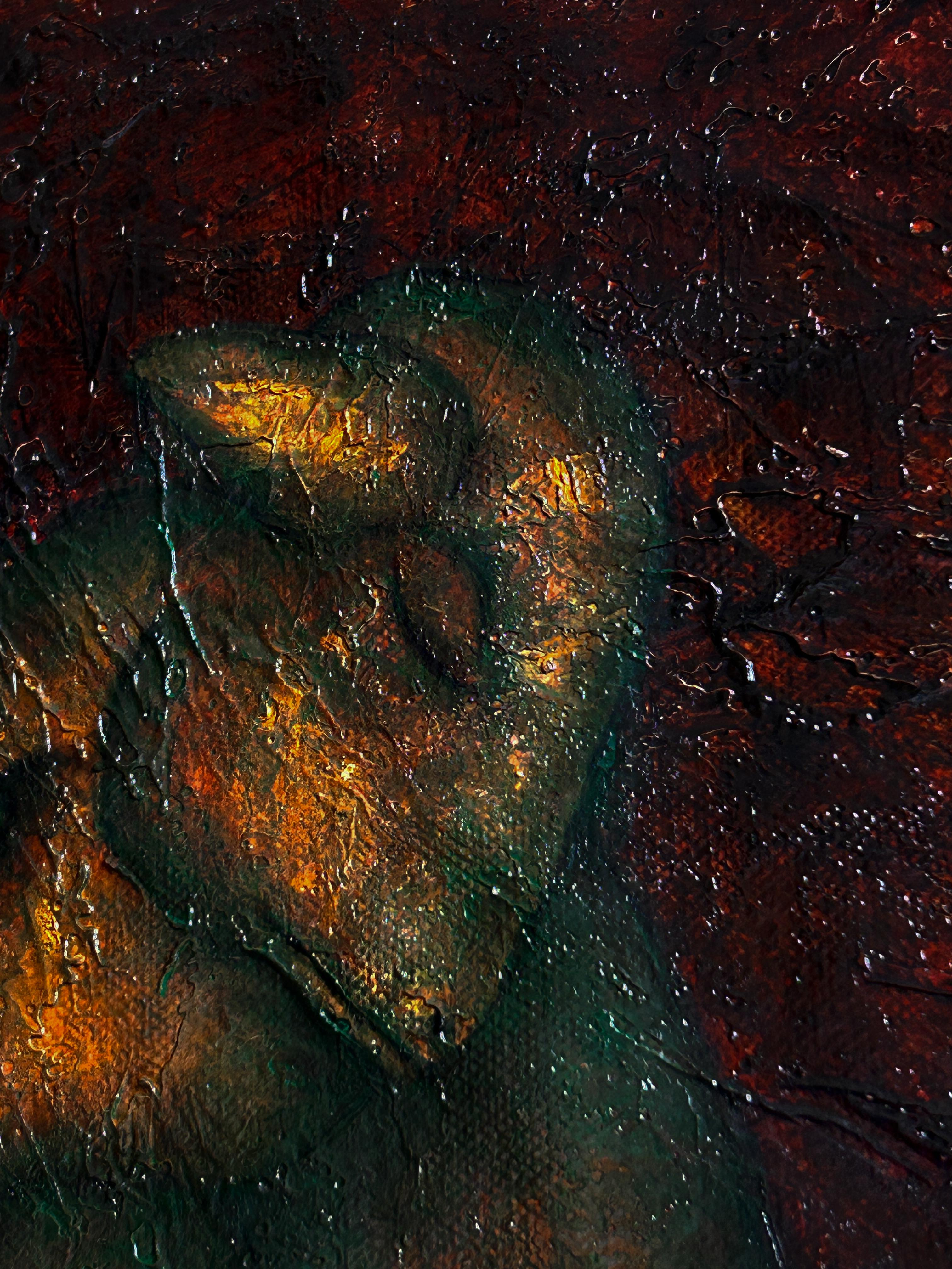 Pittura astratta orizzontale a olio su tela in tonalità terra di Siena e terra bruciata con blocchi di verde, blu, giallo e rosso con figure fantastiche di esseri antropomorfi e animali. Questo pezzo fa parte di una serie di studi sui blocchi di