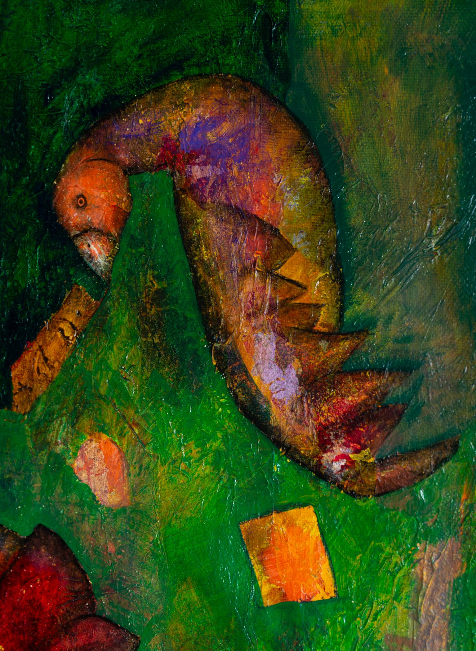 Abstract oil painting green with figures of fantastic animals. Yagé or ayahuasca, moment of connection with the invisible It contains multiple textured layers of material that create a unique depth to the painting, adding a sense of mystery to the