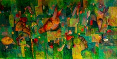Yagé - Abstract painting in green and yellow tones with textures