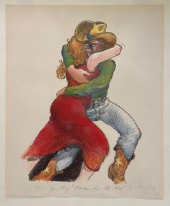 Vintage Texas Dancing, Hand Colored Stone Lithograph