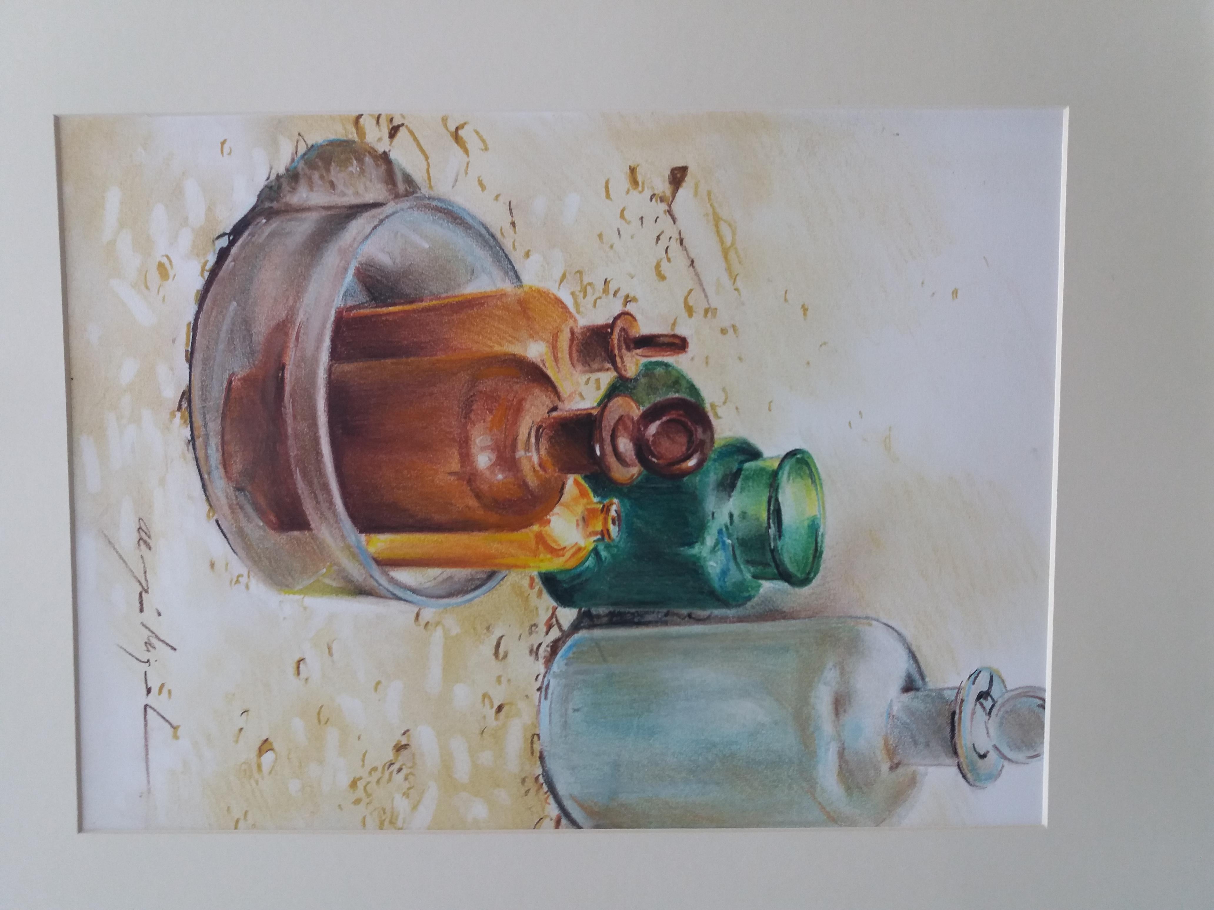 Almazan Realistic Still Life Acrylic Painting 
 MIQUEL was an artist focused on the art of realism. His structured works on his great mastery of drawing, are romantic and translates us to past times ...
Beautiful works on paper.

