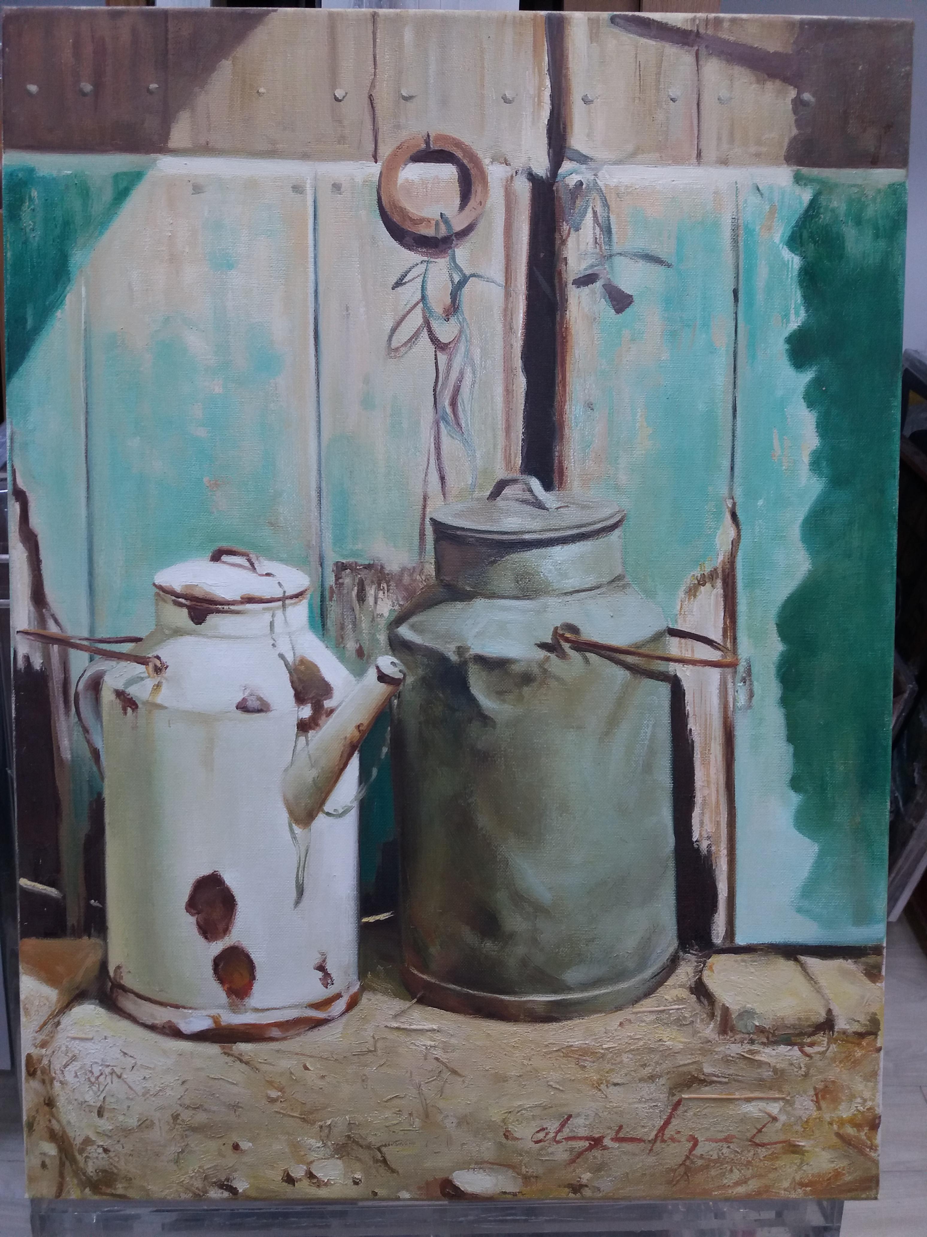 Almazan  Store  Vertical  Milkmaids Containers. StillLife Acrylic  - Painting by Luis Almazan Miquel