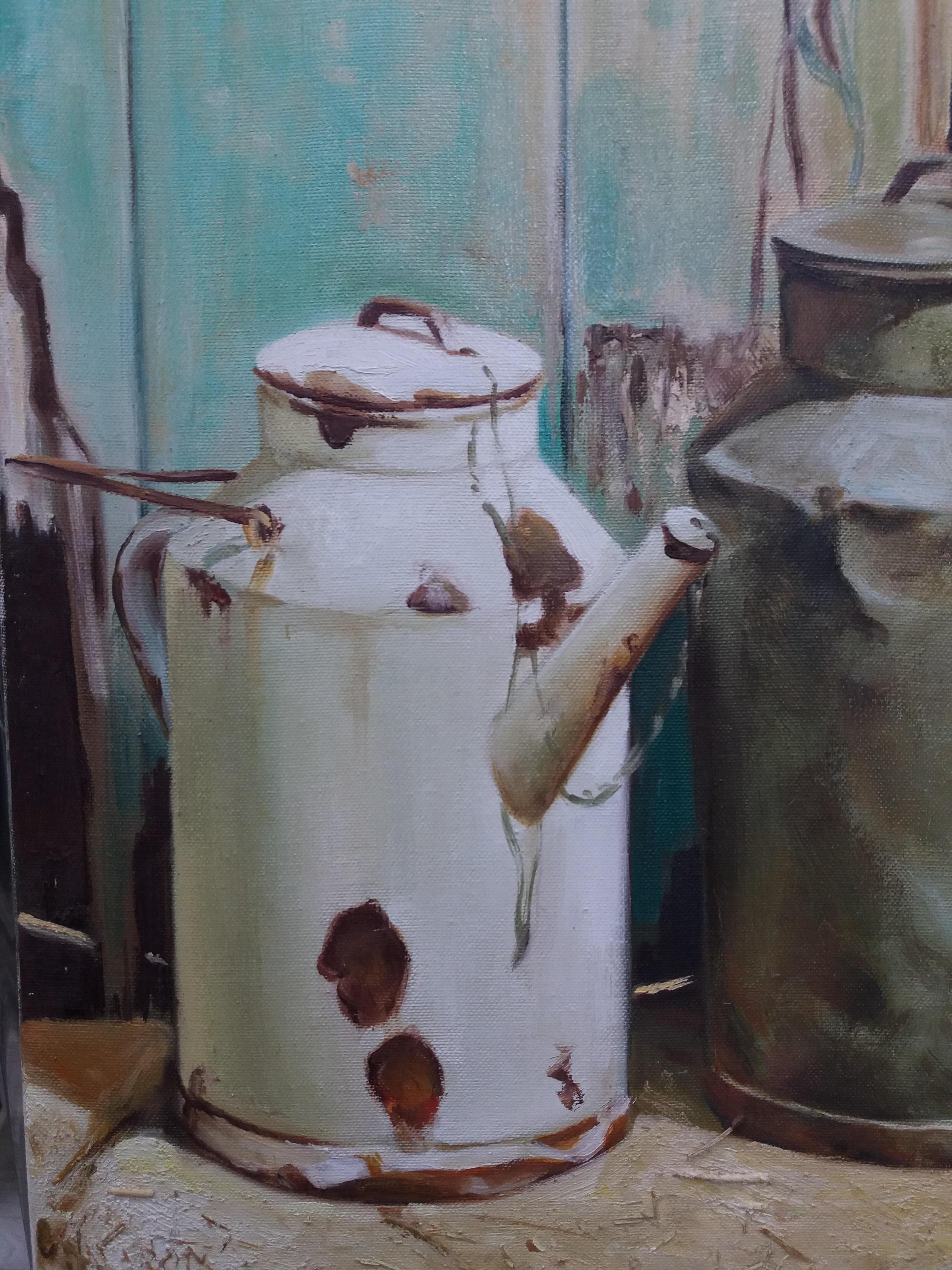 Almazan  Store  Vertical  Milkmaids Containers. StillLife Acrylic  - Realist Painting by Luis Almazan Miquel
