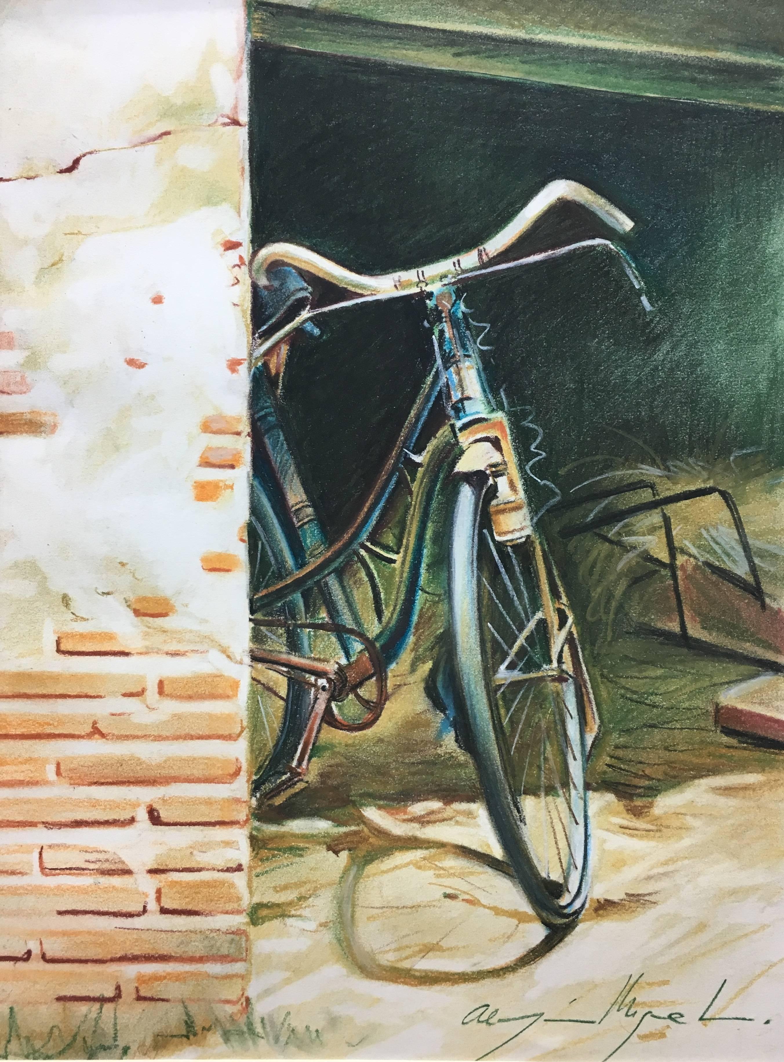 Almazan 9 Bicycle Still-Life Acrylic Painting (Schwarz), Figurative Painting, von Luis Almazan Miquel