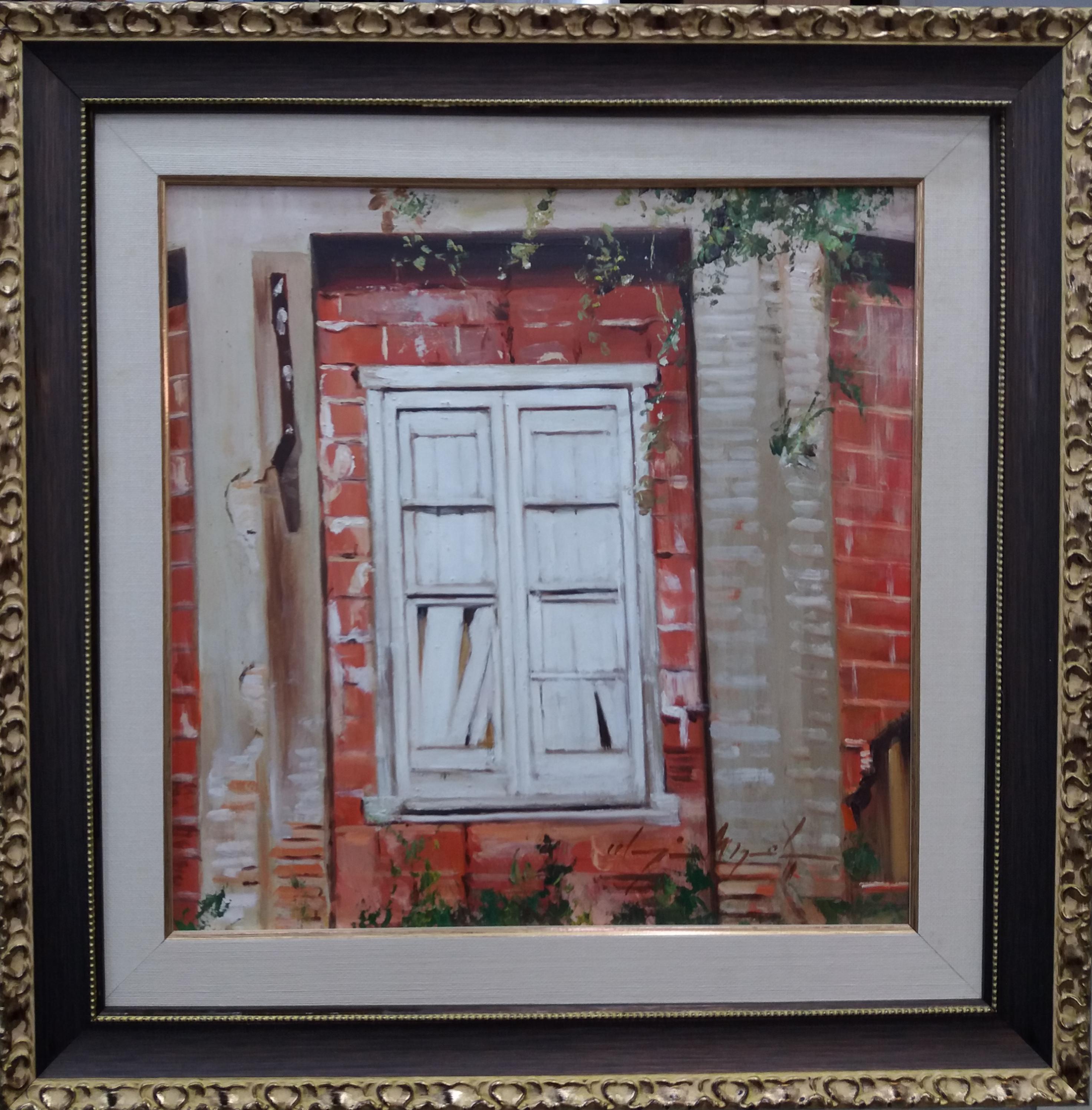 Almazan  Old Window Still Life Acrylic Painting - Figurative Painting Marrone di Luis Almazan Miquel