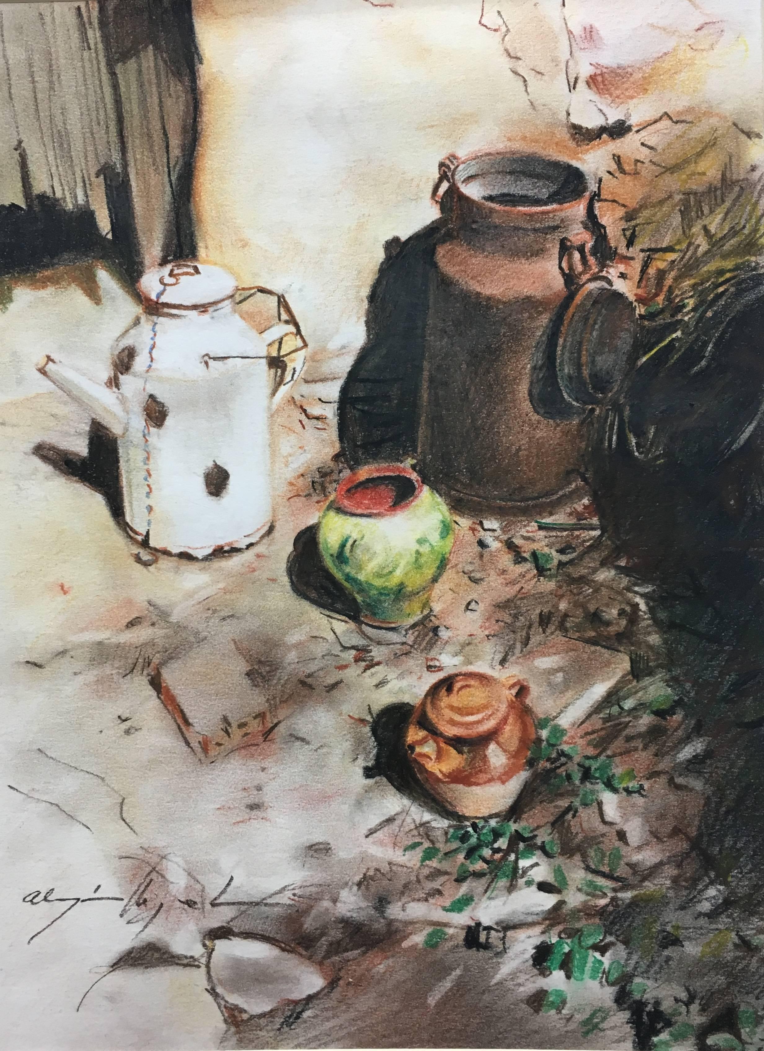 Almazan Miquel Realistic Still Life Acrylic Painting . 
 ALMAZAN MIQUEL was an artist focused on the art of realism. His structured works on his great mastery of drawing, are romantic and translates us to past times ...
Beautiful works on paper.
