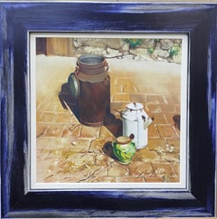 Pintura acrílica realista de un bodegón de Almazán, enmarcada, siglo XXI