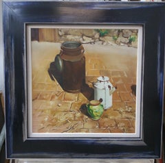 Pintura acrílica realista de un bodegón de Almazán, enmarcada, siglo XXI