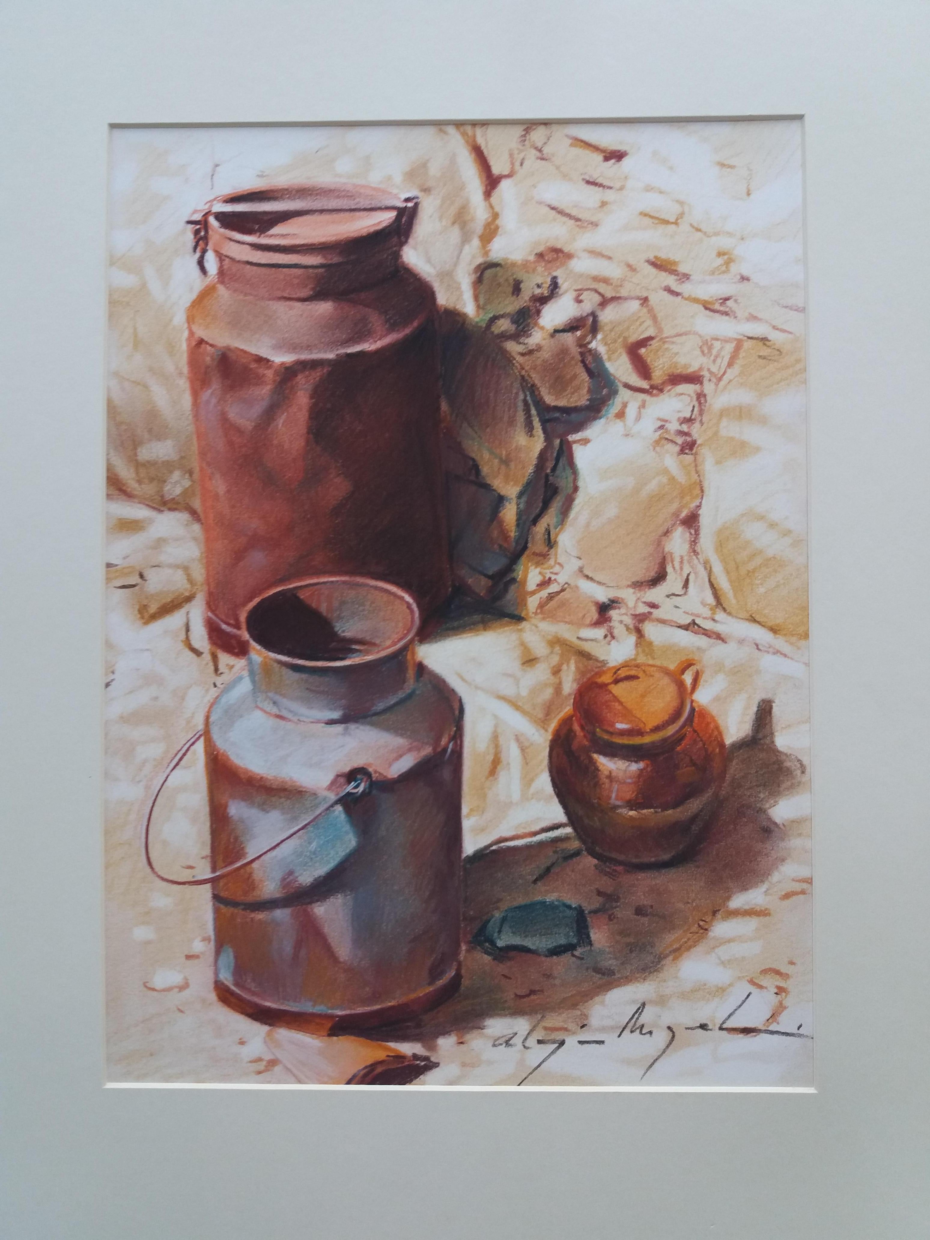Almazan  Pittura realistica ad acquerello di una natura morta - Figurative Painting Grigio di Luis Almazan Miquel