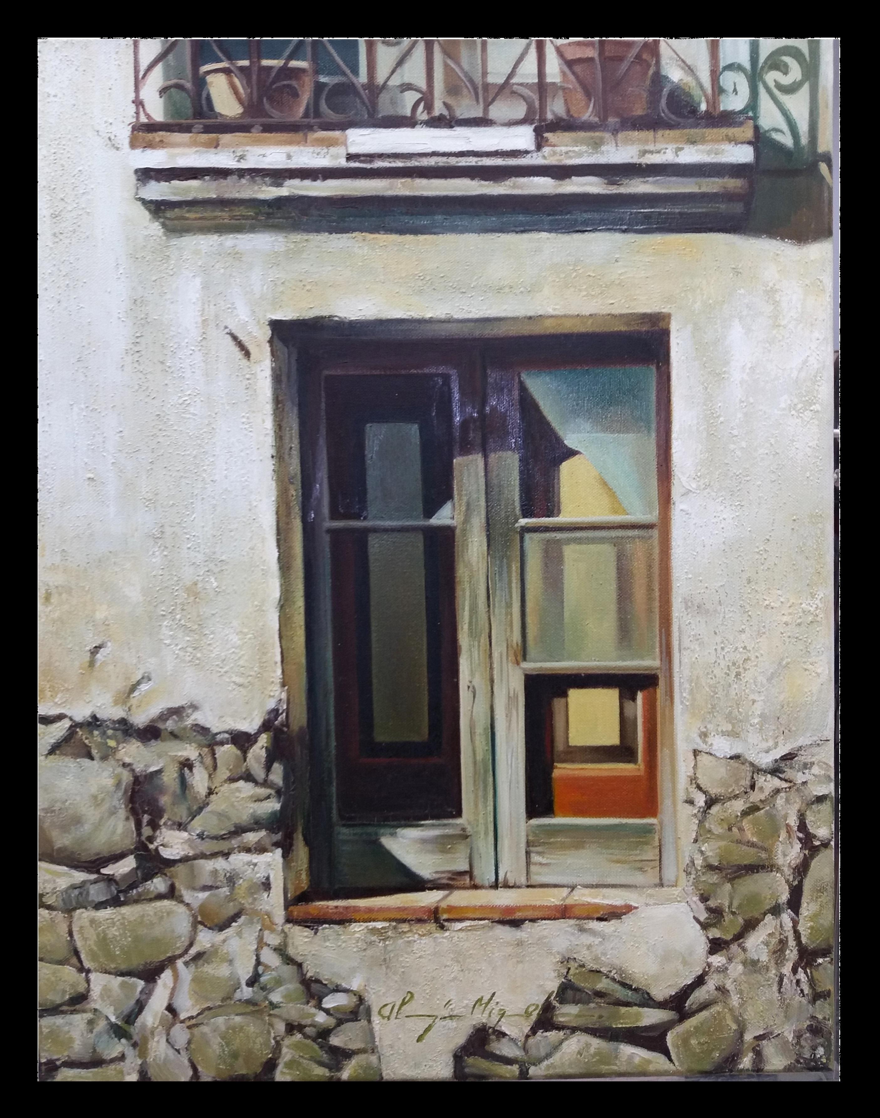 Almazan Realistisch  Fensterfront Acryl-Fassade. Tür – Painting von Luis Almazan Miquel