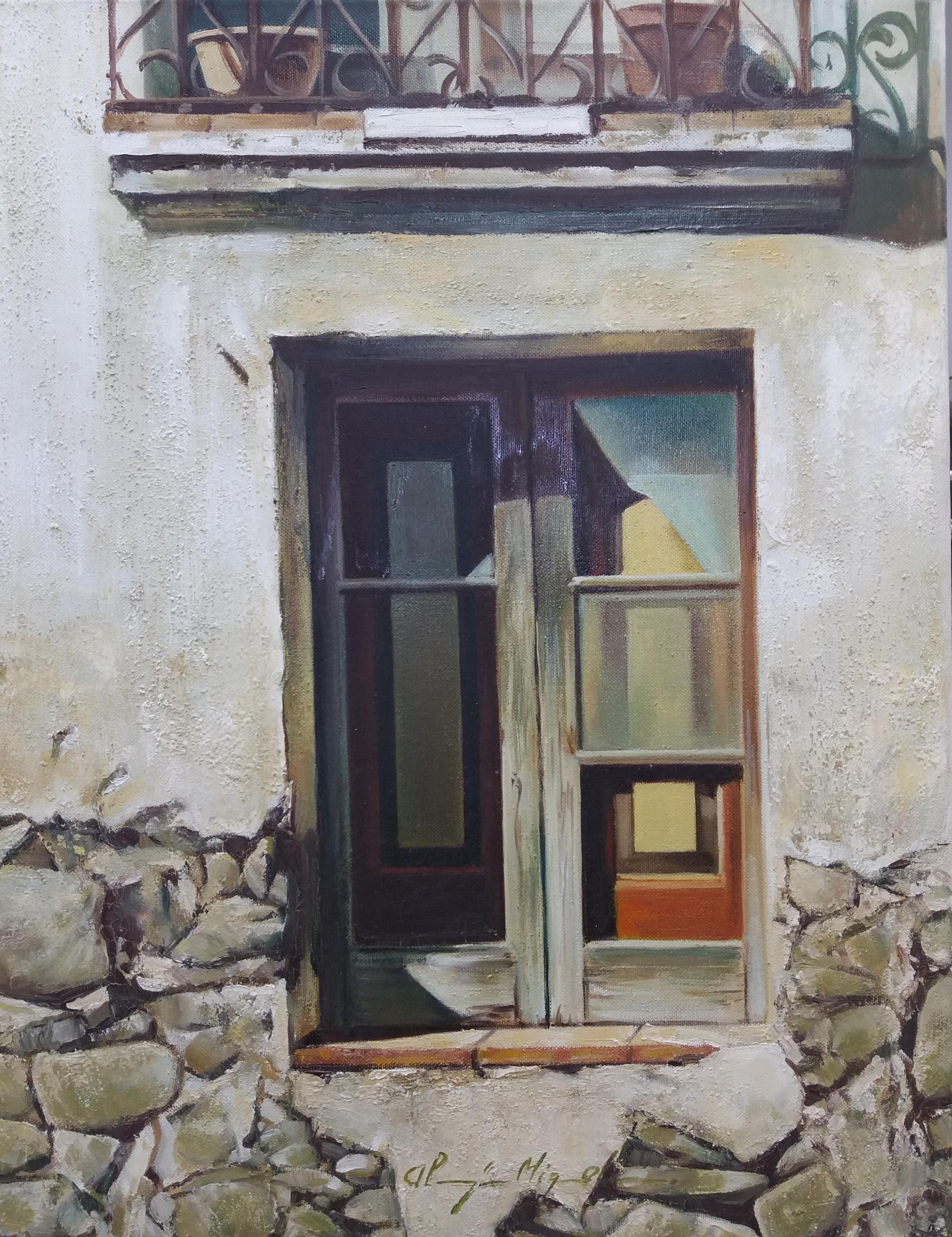 Almazan Realistisch  Fensterfront Acryl-Fassade. Tür (Zeitgenössisch), Painting, von Luis Almazan Miquel