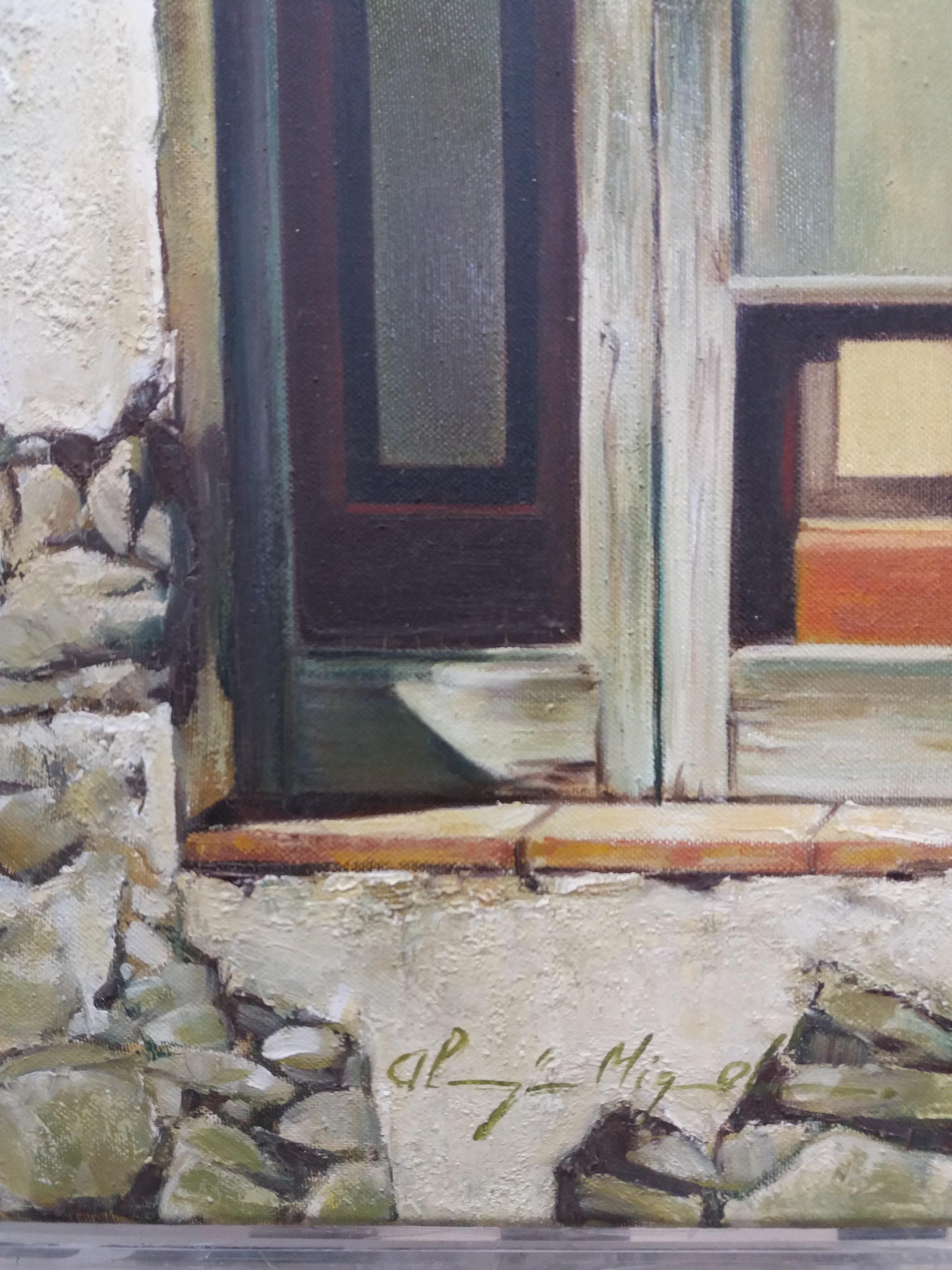 Almazan Realistisch  Fensterfront Acryl-Fassade. Tür (Schwarz), Figurative Painting, von Luis Almazan Miquel
