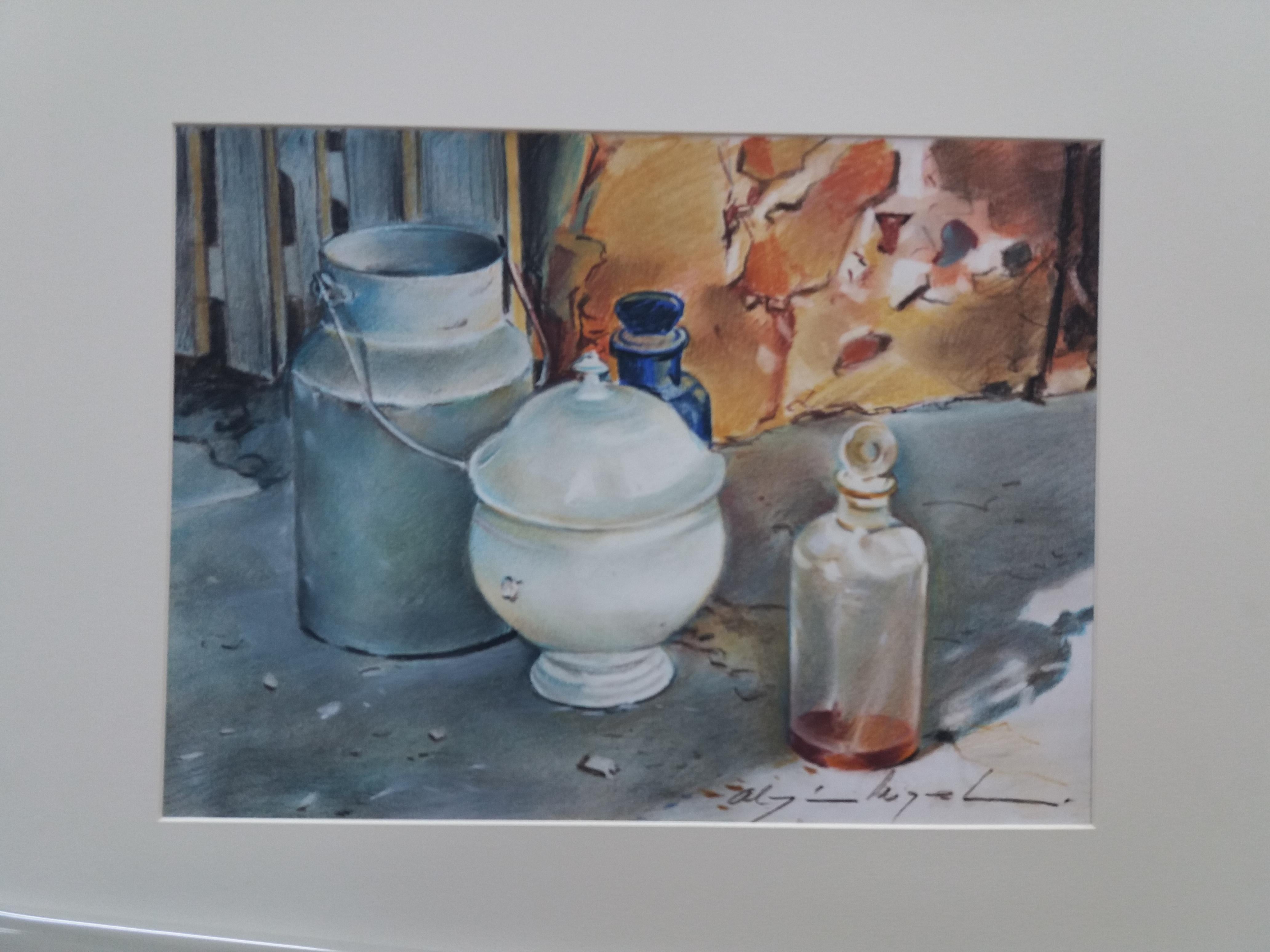 Almazan  Store Ancient Containers Realistic Still-Life watercolor Painting - Gray Figurative Painting by Luis Almazan Miquel