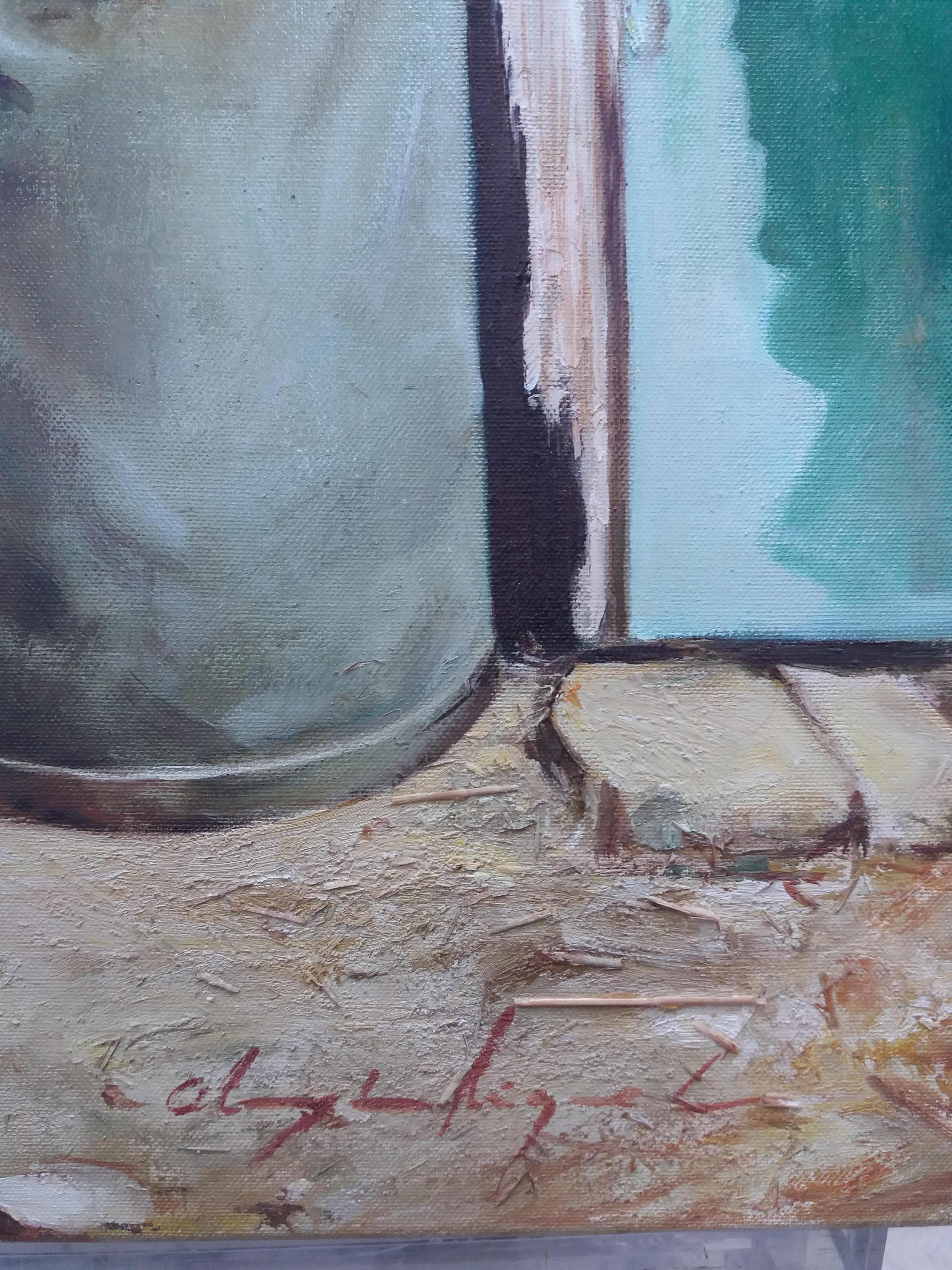Almazán  Tienda  Vertical  Recipientes para lecheras. Naturaleza muerta acrílica - Figurative Painting Marrón de Luis Almazan Miquel
