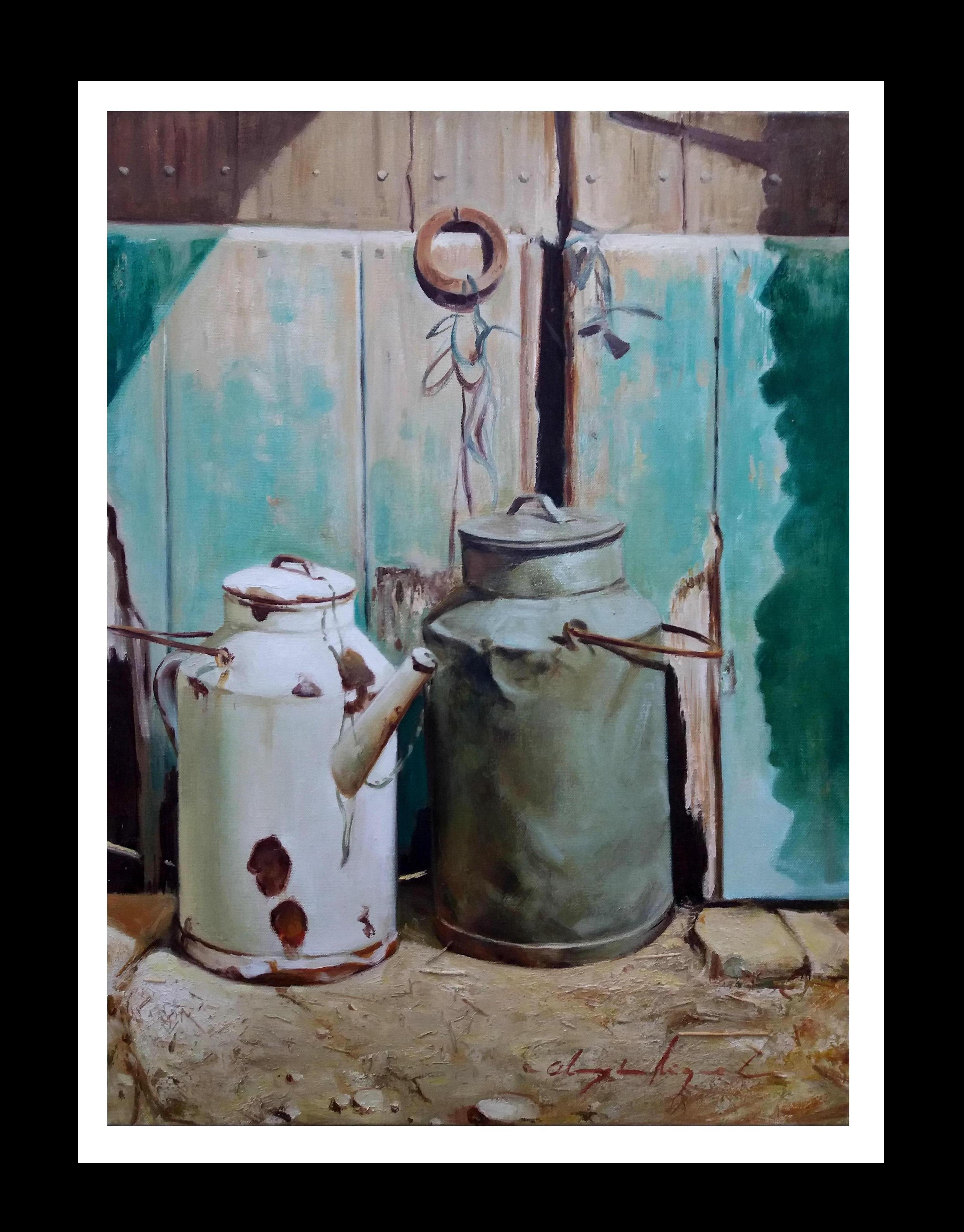 Luis Almazan Miquel Figurative Painting - Almazan  Store  Vertical  Milkmaids Containers. StillLife Acrylic