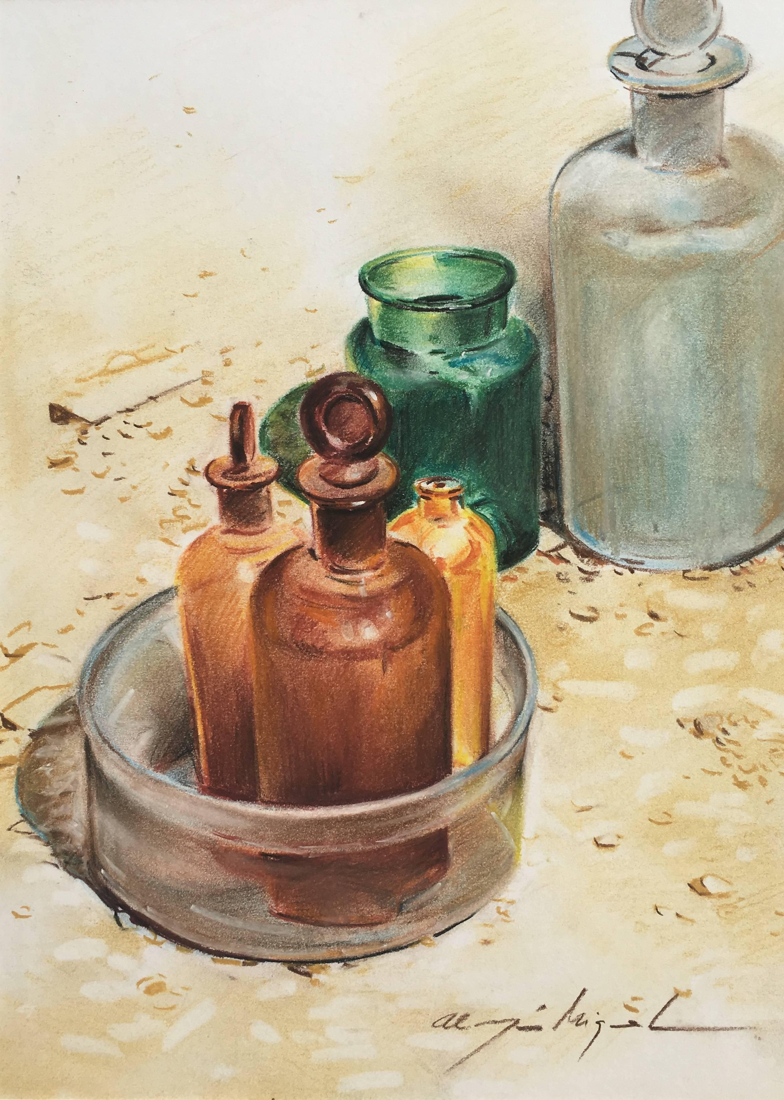Almazan Realistic Still Life Acrylic Painting 
 MIQUEL was an artist focused on the art of realism. His structured works on his great mastery of drawing, are romantic and translates us to past times ...
Beautiful works on paper.

