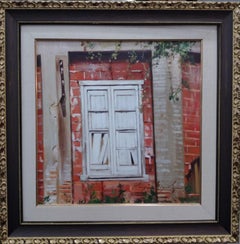 Pintura acrílica contemporánea de un bodegón con una ventana antigua, enmarcada, de la década de 2000