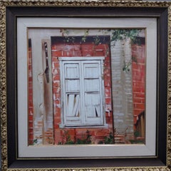Pintura acrílica contemporánea de un bodegón con una ventana antigua, enmarcada, de la década de 2000