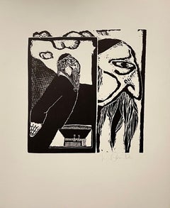 Vintage Latin American Judaica Conceptual Chassidic Art Modern Woodcut Luis Camnitzer