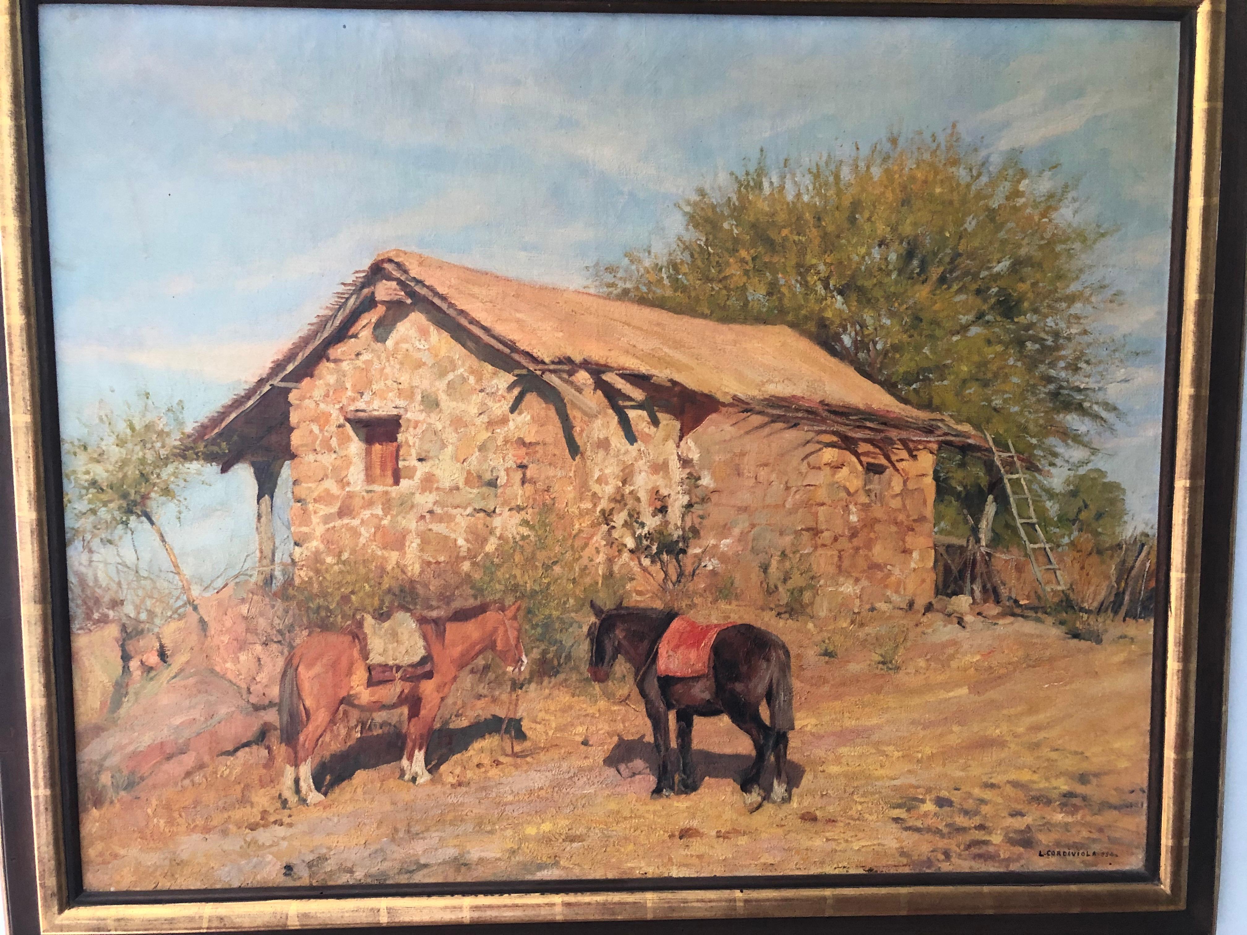 Luis Cordiviola: 1892-1967. Well listed painter from Argentina. He has had auction results over $10,000. This wonderful example of his work is an oil on canvas measuring 38 inches wide by 30 high. The frame measures 43 1/8 inches wide by 35 1/4