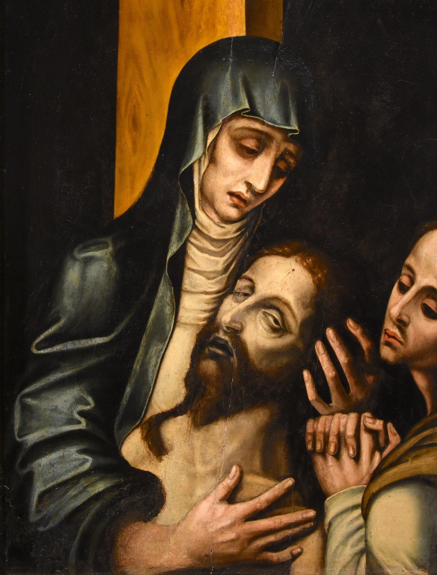 Luis de Morales, genannt 'El Divino' (Badajoz 1509 - 1586) Werkstatt von
La Pietà mit Saint John
Öl auf Tafel (82 x 65 cm /im Rahmen 109 x 92 cm)
ERHALTUNGSZUSTAND: Die Tafel ist in gutem Zustand, mit Restaurierungen und Rissen, die auf den Bildern