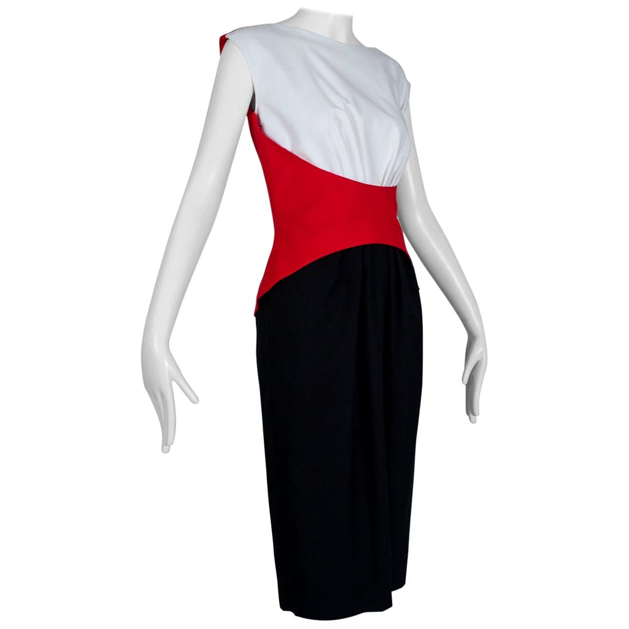 Luis Estévez Red, Black and White Waist-Cincher Peplum Sheath Dress - M-L, 1950s