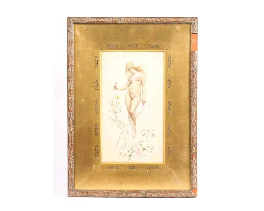 Luis Falero 1851–1896, Watercolor of a Nude Women, 1880

The water color is in great condition and very well done with extremely fine details.

The frame is original to the work, unfortunately there is a small piece missing from the frame as you