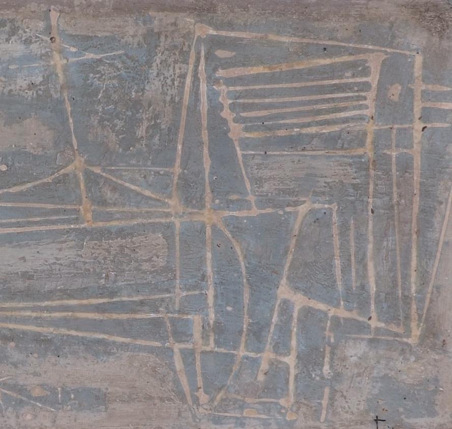 Abstract Lines Space Feito Early Scratched Blue Horizontal Frieze Primitive - Painting by Luis Feito López