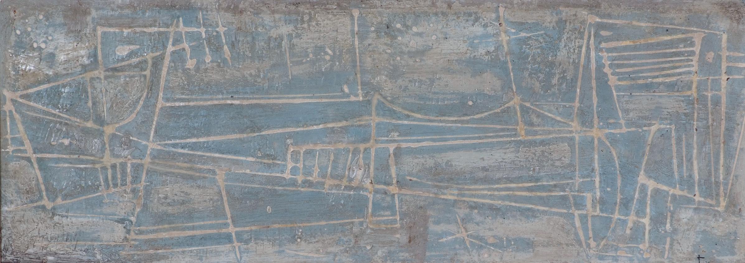 Luis Feito López Abstract Painting - Abstract Lines Space Feito Early Scratched Blue Horizontal Frieze Primitive