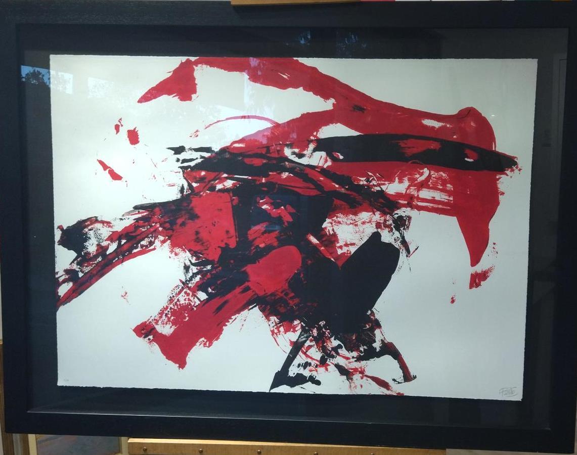 Luis Feito
red original engraving limited edition painting. framed
In this abstract expressionist, engraving, Luis Feito's palette has been simplified to black, red and purple. The dynamic red brushstrokes are reminiscent of oriental art, where an