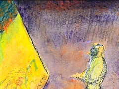 "Artist at his studio" - Horizontal indoor purple and yellow painting.