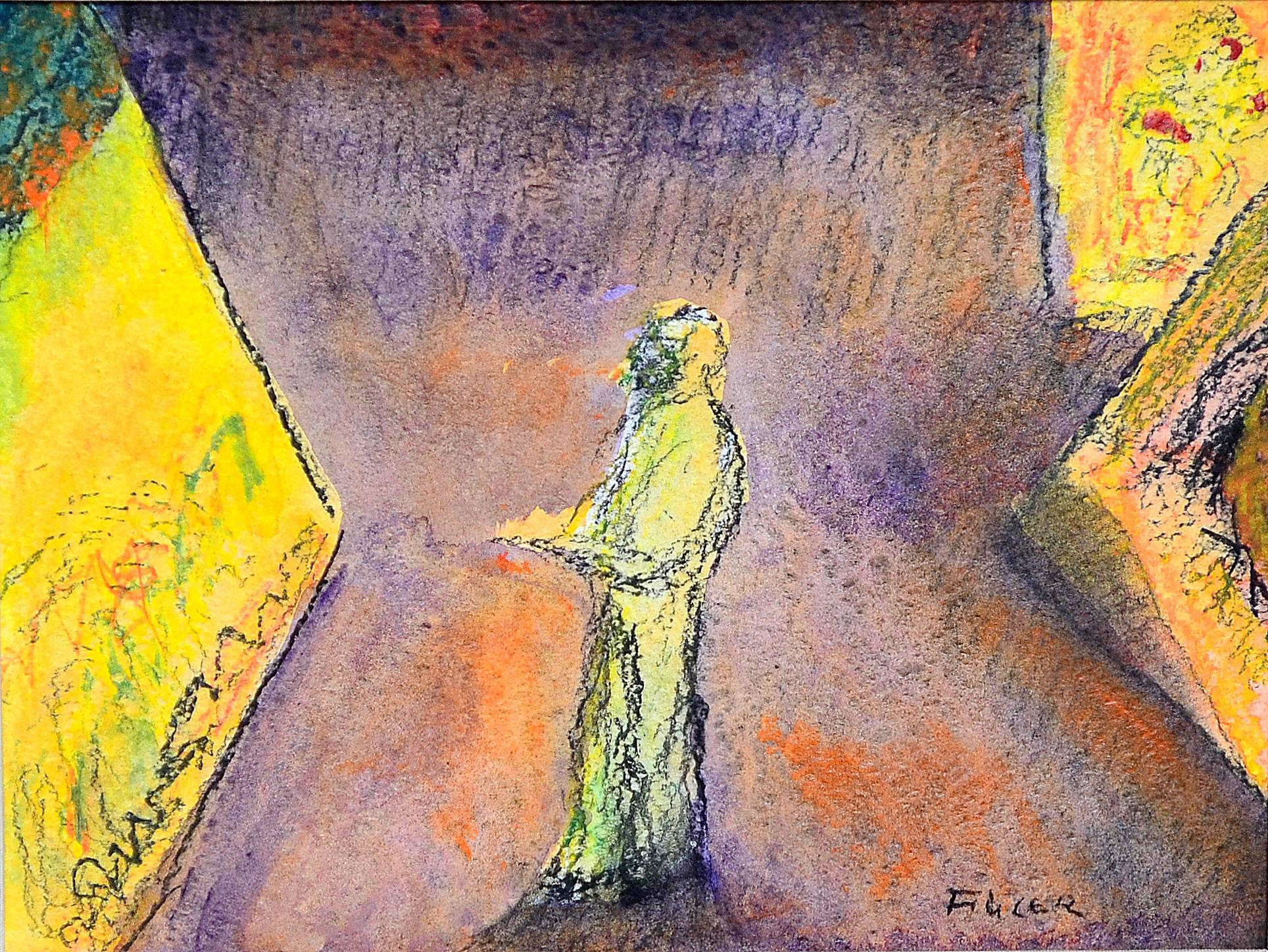 Luis Filcer Figurative Painting – ""Künstler in seinem Atelier"" - Horizontales lila und gelbes Gemälde für den Innenraum.