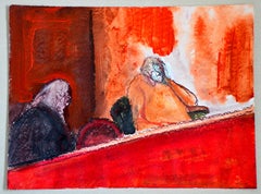 "At the jury" - Indoor horizontal painting in bright red tones.
