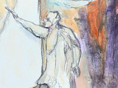 "Fantasy escapes the canvas" - Vertical expressionist painting in cool colors.