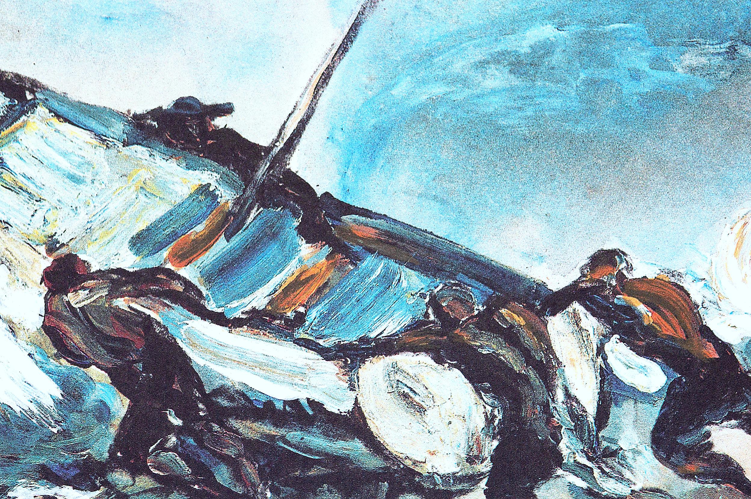„Fishermen push their boat out to sea“ - Horizontales Gemälde in kühlen Farben. – Painting von Luis Filcer