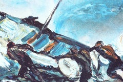 "Fishermen push their boat out to sea" - Horizontal painting in cool colors.