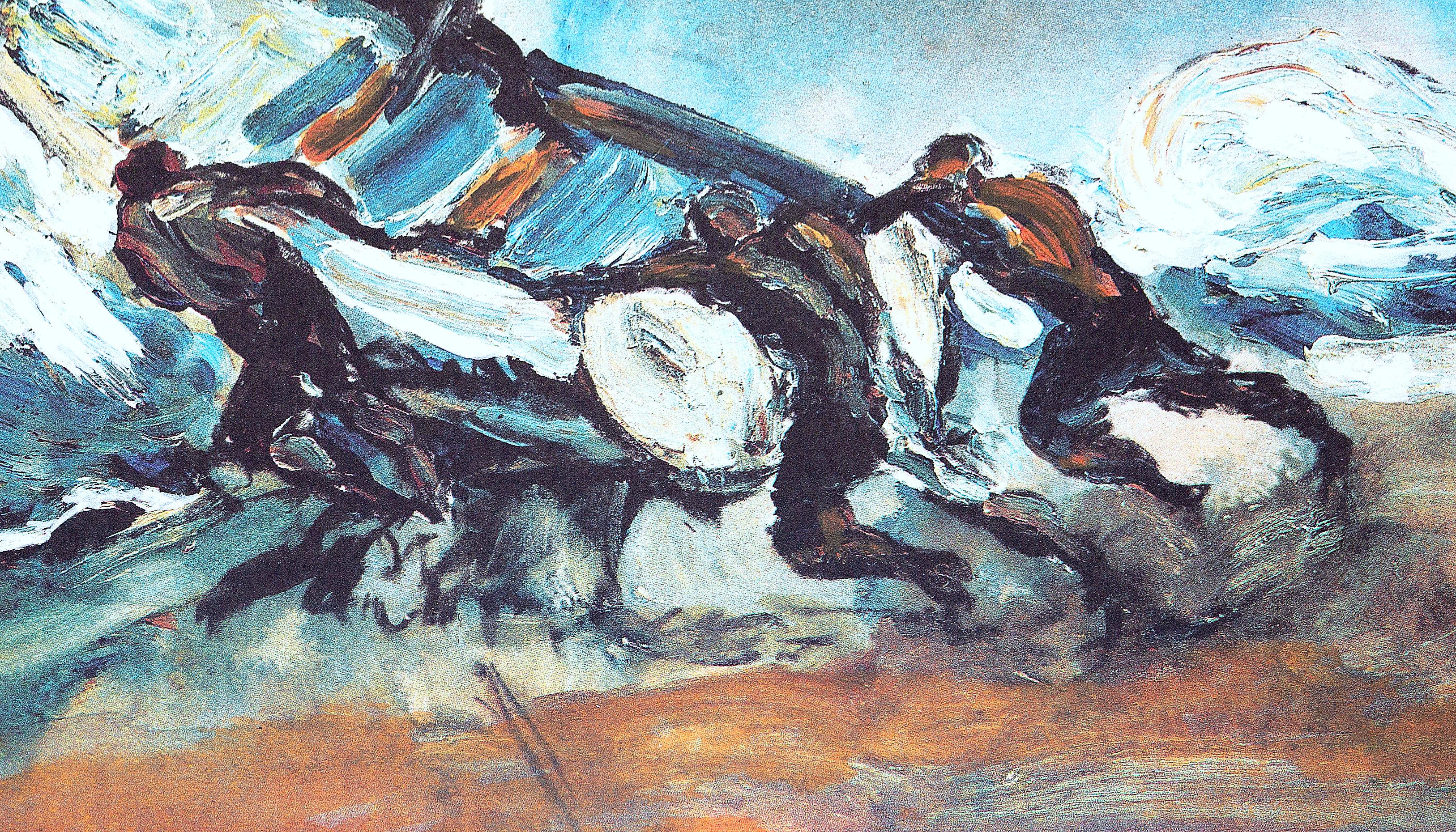 „Fishermen push their boat out to sea“ - Horizontales Gemälde in kühlen Farben. (Expressionismus), Painting, von Luis Filcer