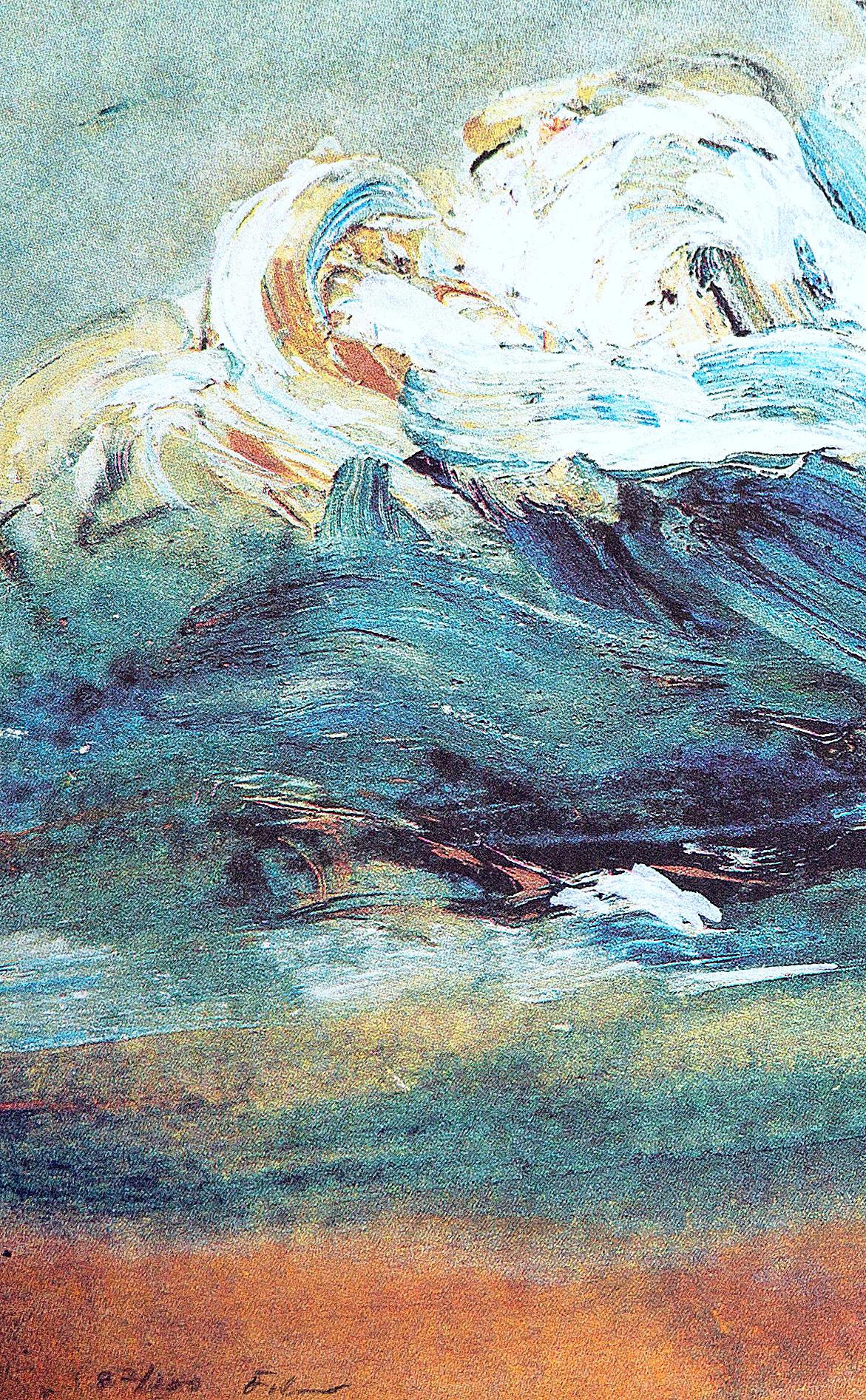 „Fishermen push their boat out to sea“ - Horizontales Gemälde in kühlen Farben. (Beige), Figurative Painting, von Luis Filcer