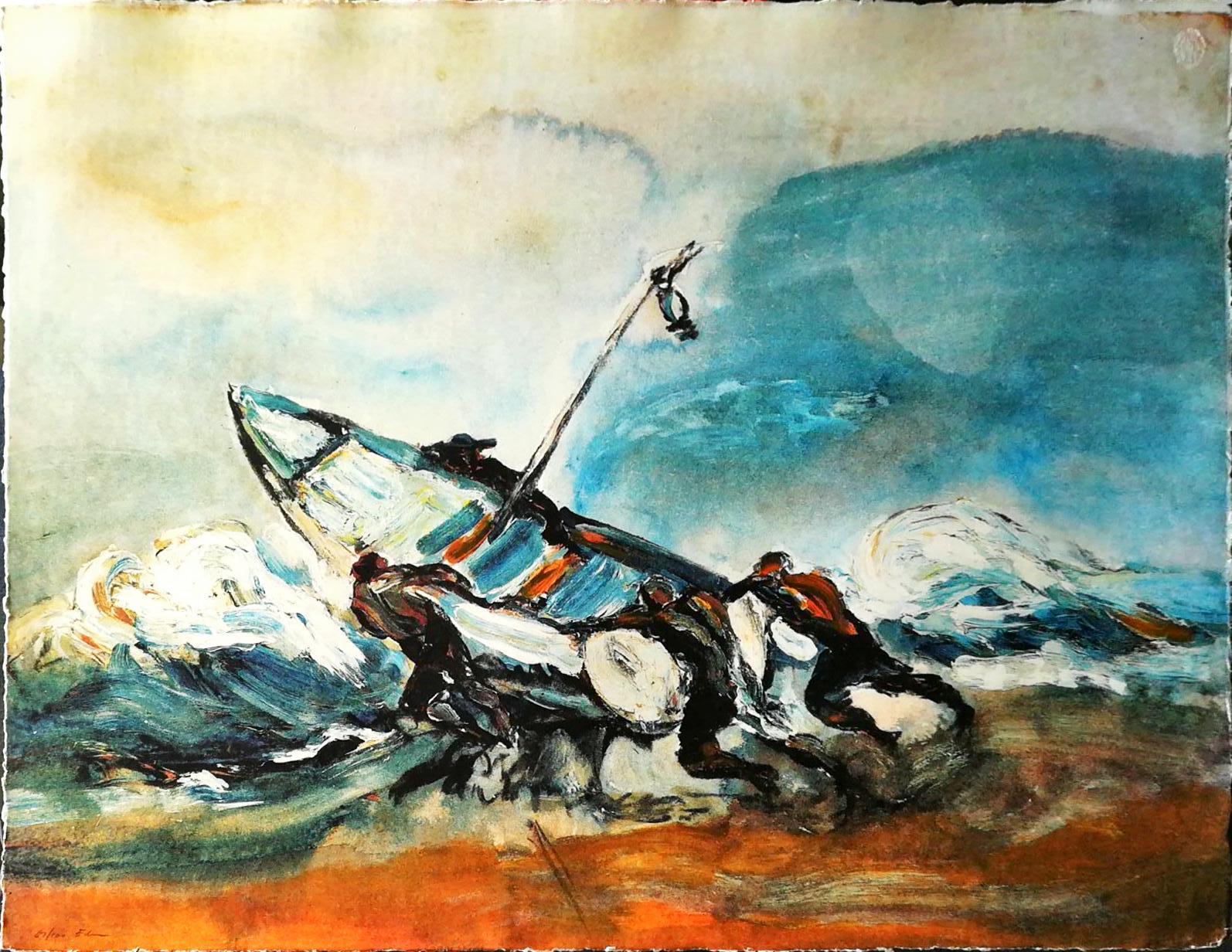 Luis Filcer Figurative Painting – „Fishermen push their boat out to sea“ - Horizontales Gemälde in kühlen Farben.