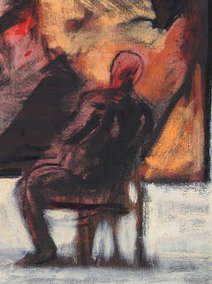 "Observer at the Museum" - Vertical painting in orange and black colors.