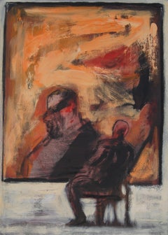 "Observer at the Museum" - Vertical painting in orange and black colors.