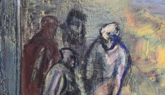 "Painter's Atelier" - Squared figurative painting in cool colors.