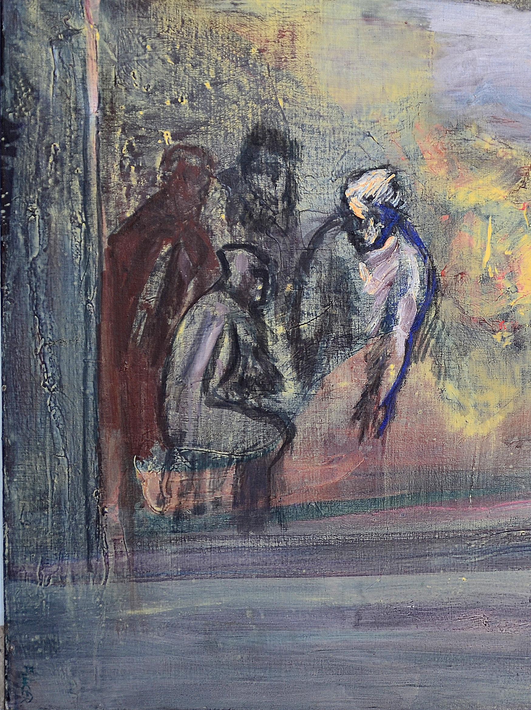 « L'Atelier du peintre » - peinture figurative carrée aux couleurs froides. - Expressionniste Painting par Luis Filcer