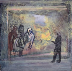 « L'Atelier du peintre » - peinture figurative carrée aux couleurs froides.